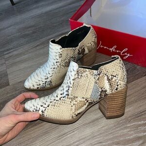 Wonderly Snakeskin Ankle Booties - Cream and Brown